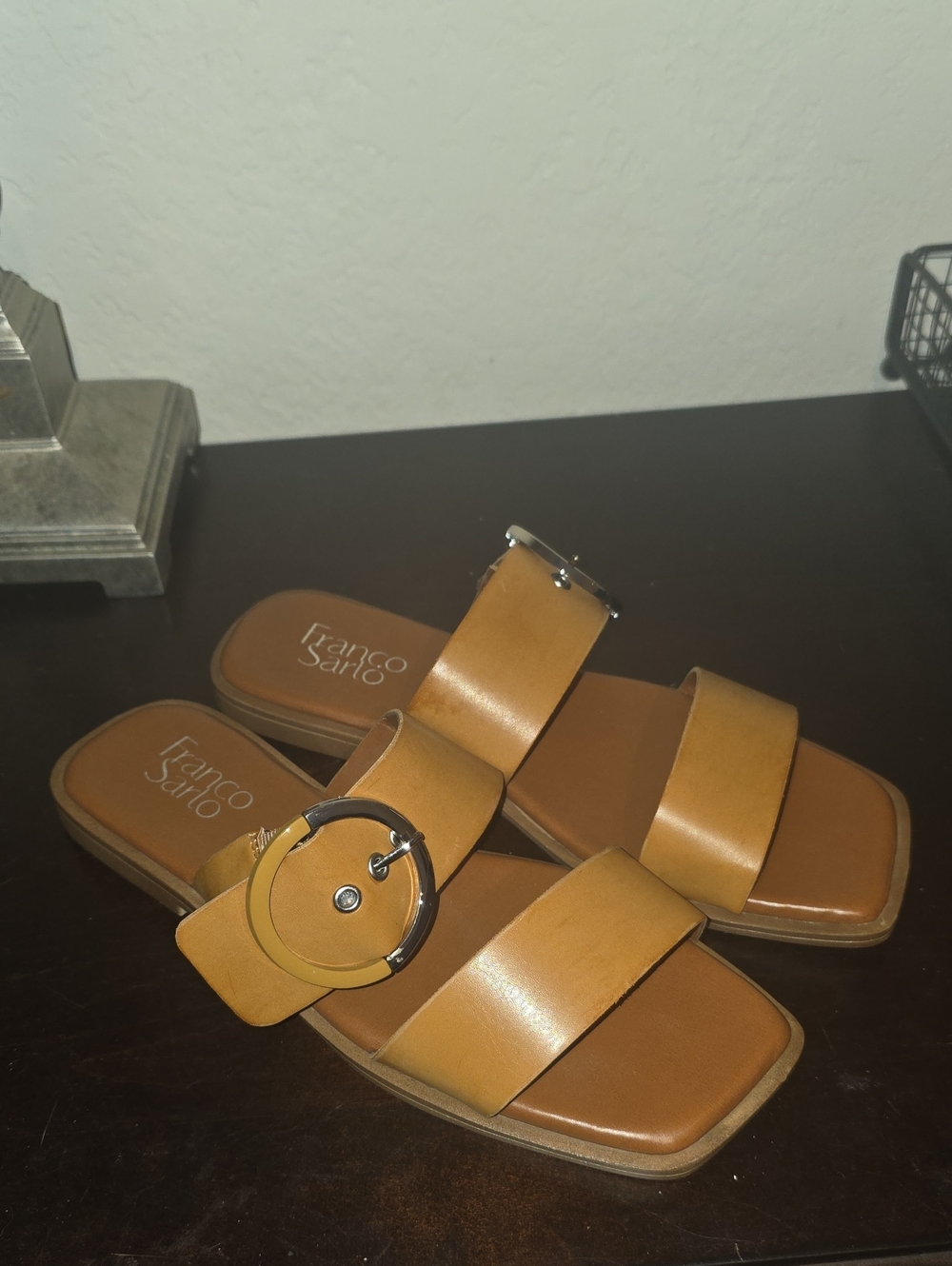 Franco Sarto Cognac Leather Slide Sandals with Decorative Buckle